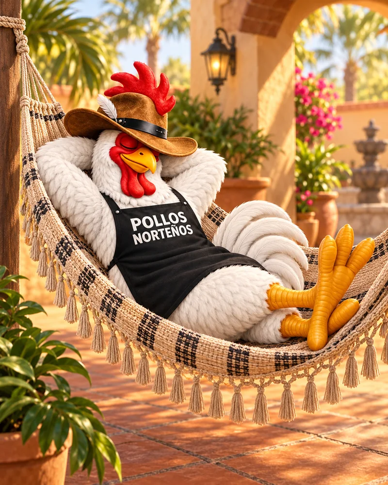 The Pollos Norteños rooster resting in a hammock