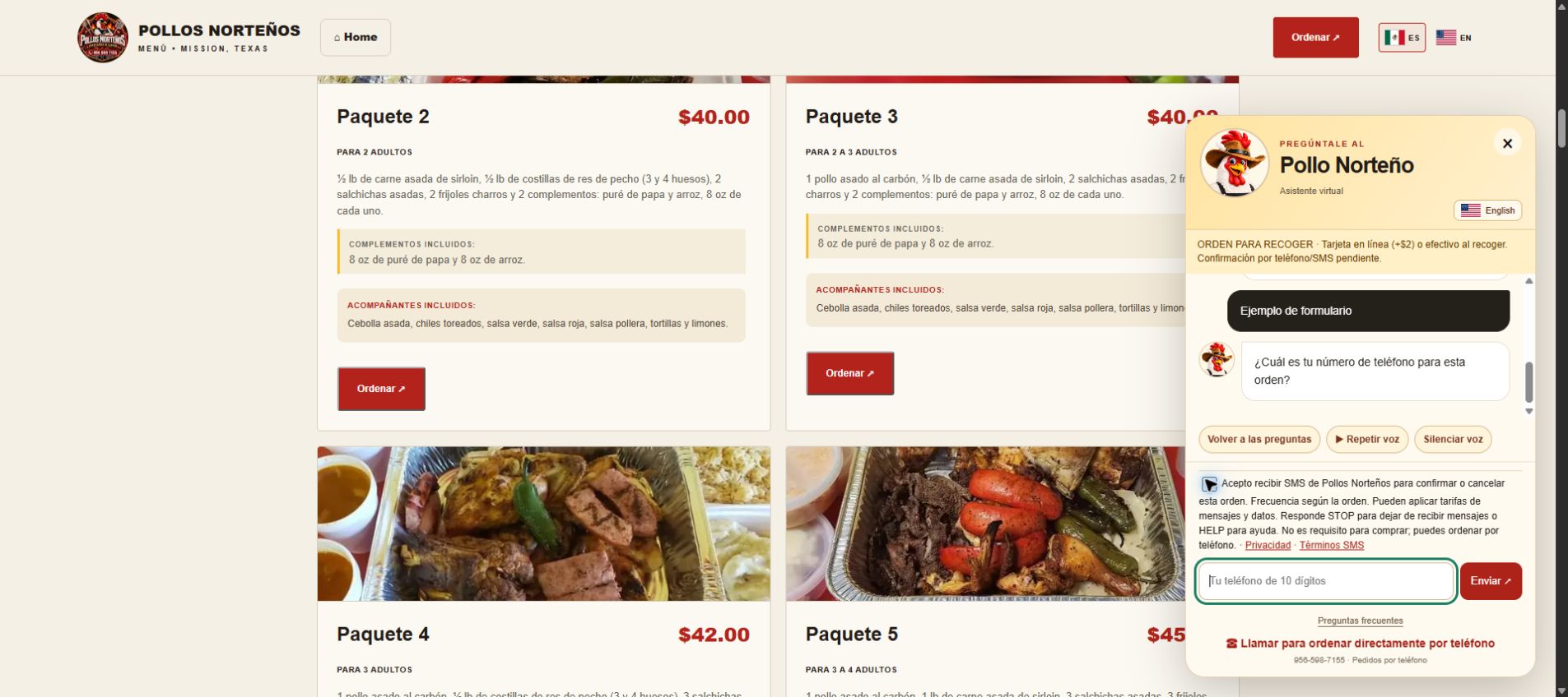 Pollos Nortenos ordering form: optional unchecked SMS consent beside the phone-number field with privacy and SMS terms links